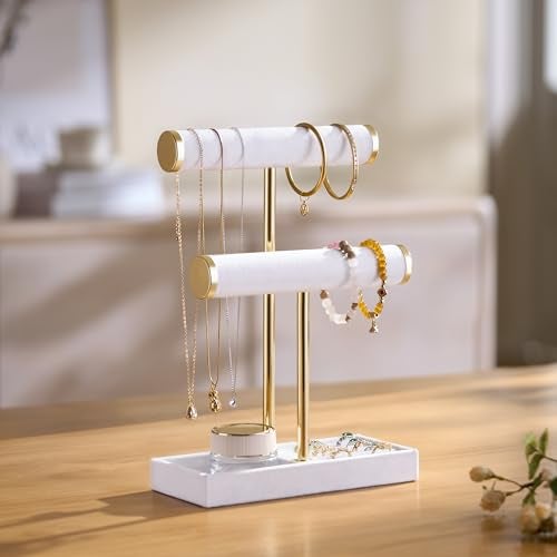 bussdis 2 Tier Bracelet Holder Display Detachable T Bar White Velvet Bracelet Holder Jewelry Holder Organizer for Bracelet Necklace Earrings Rings - Image 3