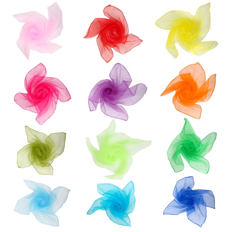 Colovis 36 Pcs Square Dance Scarves, Juggling Scarf Props Magic Trick Silk Scarves Music Movement Scarf 12 Colors 24 by 24 Inches - Image 2