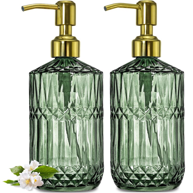 JASAI 2Pack 18Oz Green Glass Soap Dispenser with Gold Rust Proof Pump, Refillable Dish Soap Dispenser for Kitchen, Bathroom Soap Dispenser for Hand soap, Lotion, Body Wash, Dish Soap. - Image 1