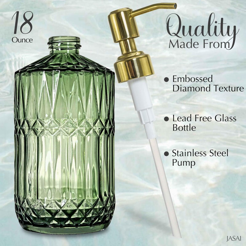 JASAI 2Pack 18Oz Green Glass Soap Dispenser with Gold Rust Proof Pump, Refillable Dish Soap Dispenser for Kitchen, Bathroom Soap Dispenser for Hand soap, Lotion, Body Wash, Dish Soap. - Image 2
