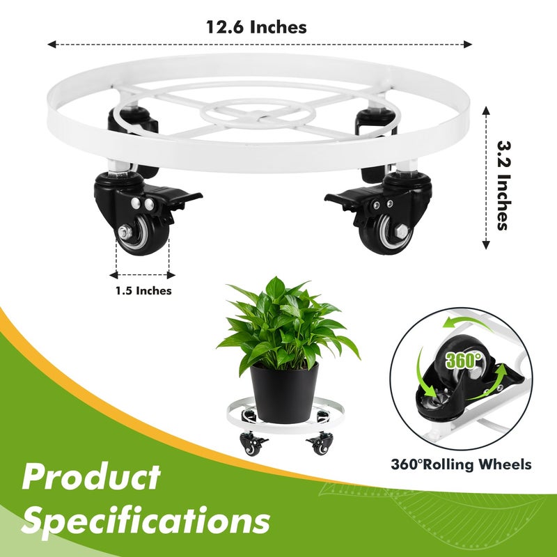 Planterhoma 3 Packs Large Metal Plant Caddy 12.6 Inches Plant Dolly with Wheels Heavy-duty Rolling Wheeled Plant Stand with Casters for Indoor Outdoor Plant Dolly Mover Rollers Coasters White, Strong Load Capacity - Image 3