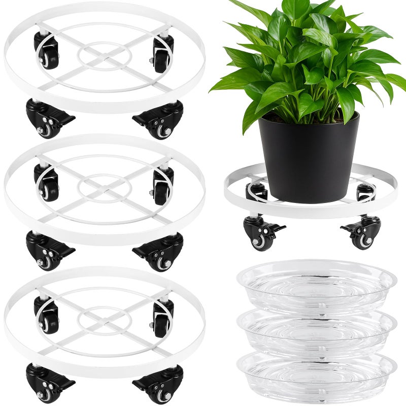 Planterhoma 3 Packs Large Metal Plant Caddy 12.6 Inches Plant Dolly with Wheels Heavy-duty Rolling Wheeled Plant Stand with Casters for Indoor Outdoor Plant Dolly Mover Rollers Coasters White, Strong Load Capacity - Image 1