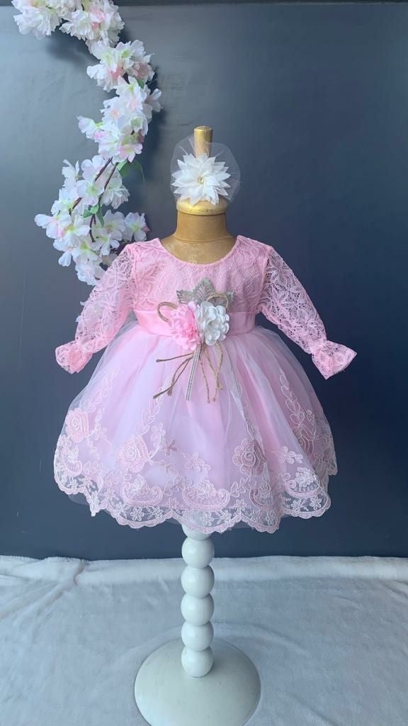 Furya Baby Girl 0-6 Months Wedding Dress 4 Piece Mawlud Set Long Sleeve Lace Premium Mawlud Dress - Image 2
