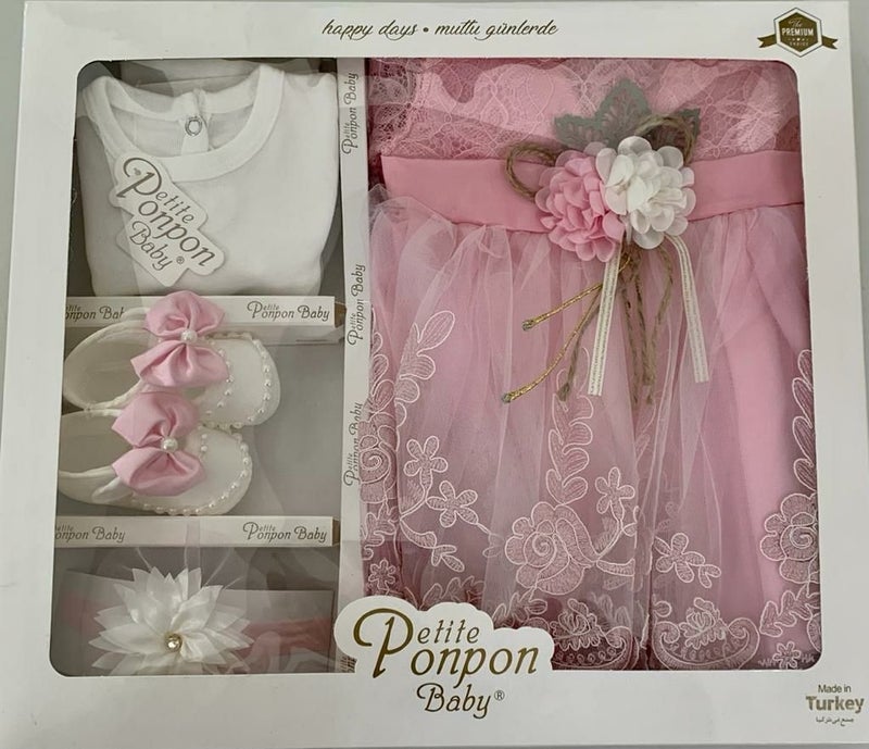 Furya Baby Girl 0-6 Months Wedding Dress 4 Piece Mawlud Set Long Sleeve Lace Premium Mawlud Dress - Image 3