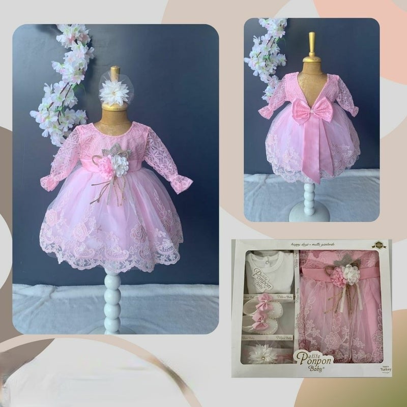 Furya Baby Girl 0-6 Months Wedding Dress 4 Piece Mawlud Set Long Sleeve Lace Premium Mawlud Dress - Image 4