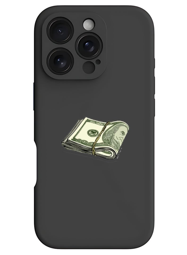 Theodor حافظة آيفون 16 برو سوداء واقية رفيعة من السليكون السائل مع حماية كاملة للجسم مضادة للخدش وصدمات لحافظة آيفون - ملصق نقدي - Image 1