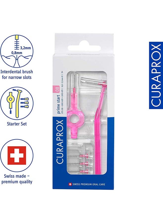 CURAPROX - طقم فرش بين الأسنان Curaprox CPS 08 Prime Start، وردي - 5 × 0.8 مم - 3.22 مم + 2 حامل فرشاة أسنان بين الأسنان - Image 1