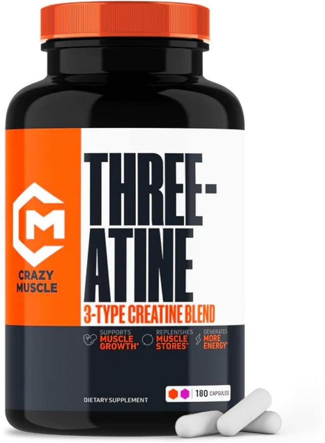 Crazy Muscle Creatine Capsules - 5g of Premium 3X ThreeAtine Pre Workout Bulk Mass Gainer - High Absorption Easy-to-Take Creatine Monohydrate Capsules Optimum Performance for Men Women - 180 Capsules - Image 1