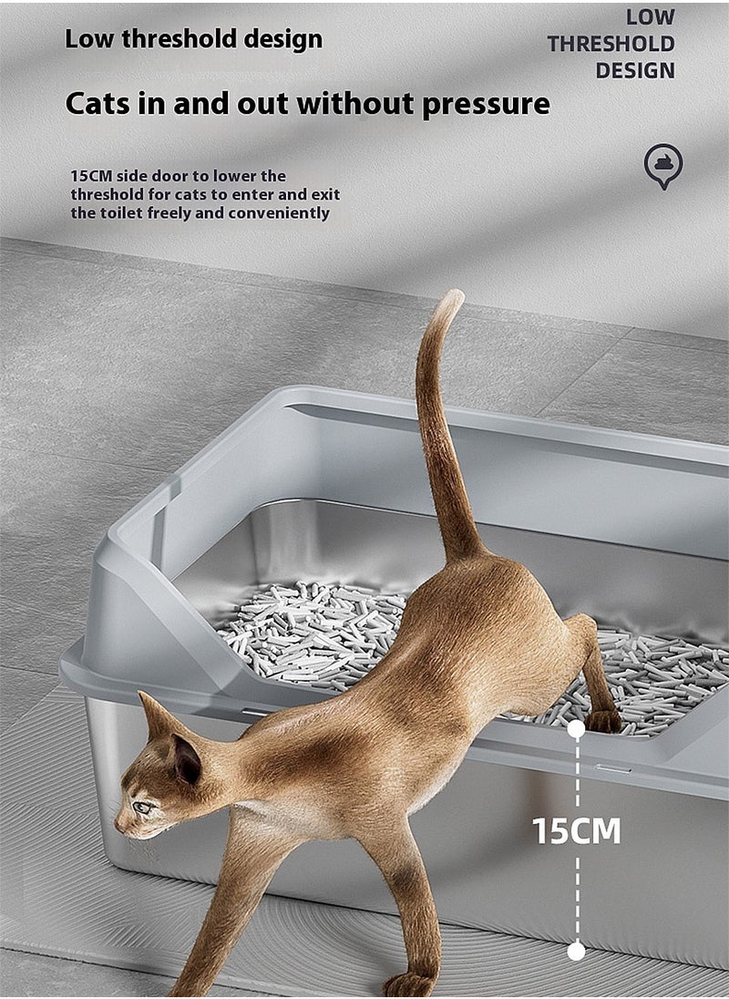 Kidle - Stainless Steel Cat Litter Box Metal Litter Pan Tray with High Wall Semi-Closed Side Door Pet Litter Box - Image 1