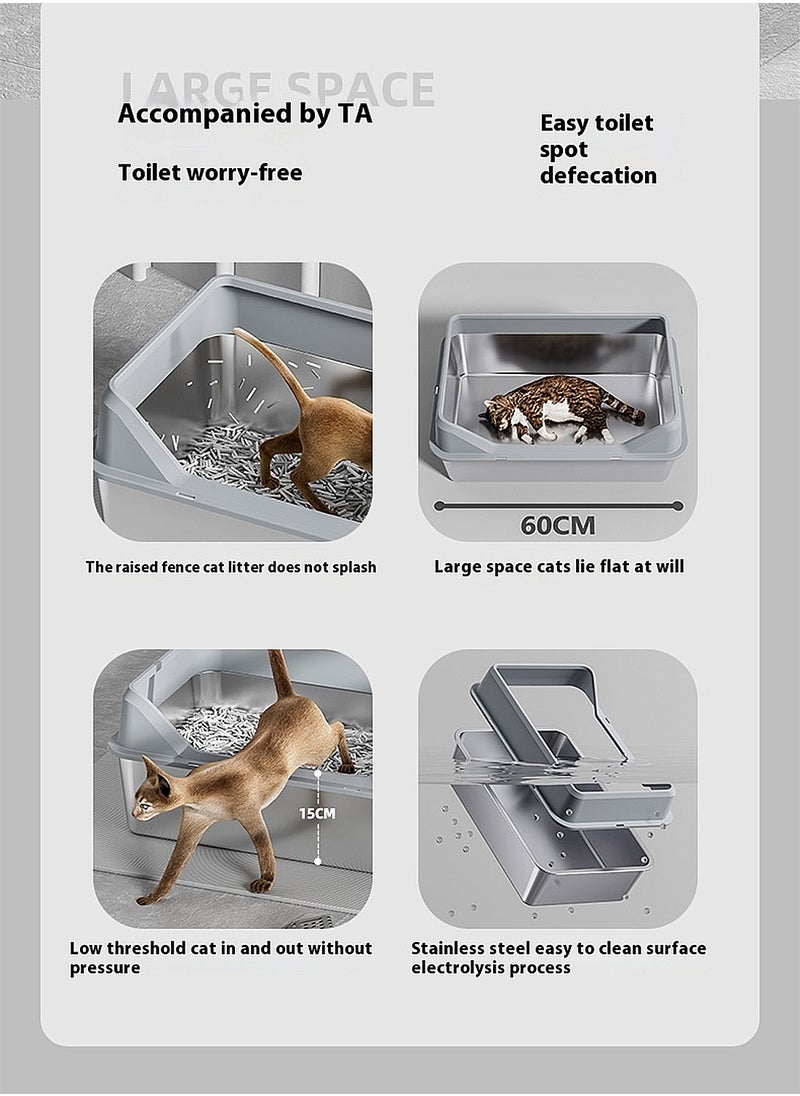 Kidle - Stainless Steel Cat Litter Box Metal Litter Pan Tray with High Wall Semi-Closed Side Door Pet Litter Box - Image 1