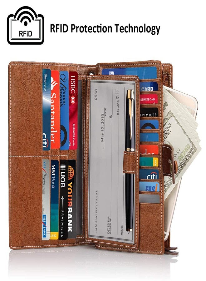 FT FUNTOR Women's Big Fat RFID Blocking Wallet Leather Zip Around Clutch Large Purse Phone Organizer Wristlet brown - Image 2