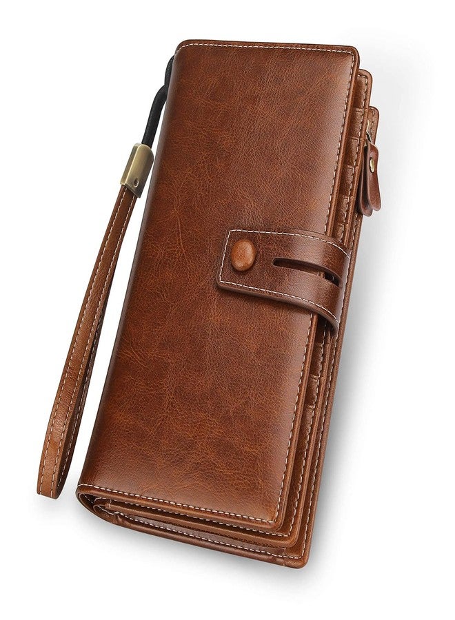 FT FUNTOR Women's Big Fat RFID Blocking Wallet Leather Zip Around Clutch Large Purse Phone Organizer Wristlet brown - Image 1