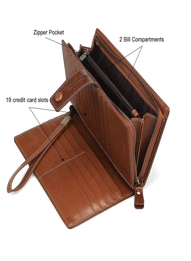 FT FUNTOR Women's Big Fat RFID Blocking Wallet Leather Zip Around Clutch Large Purse Phone Organizer Wristlet brown - Image 3