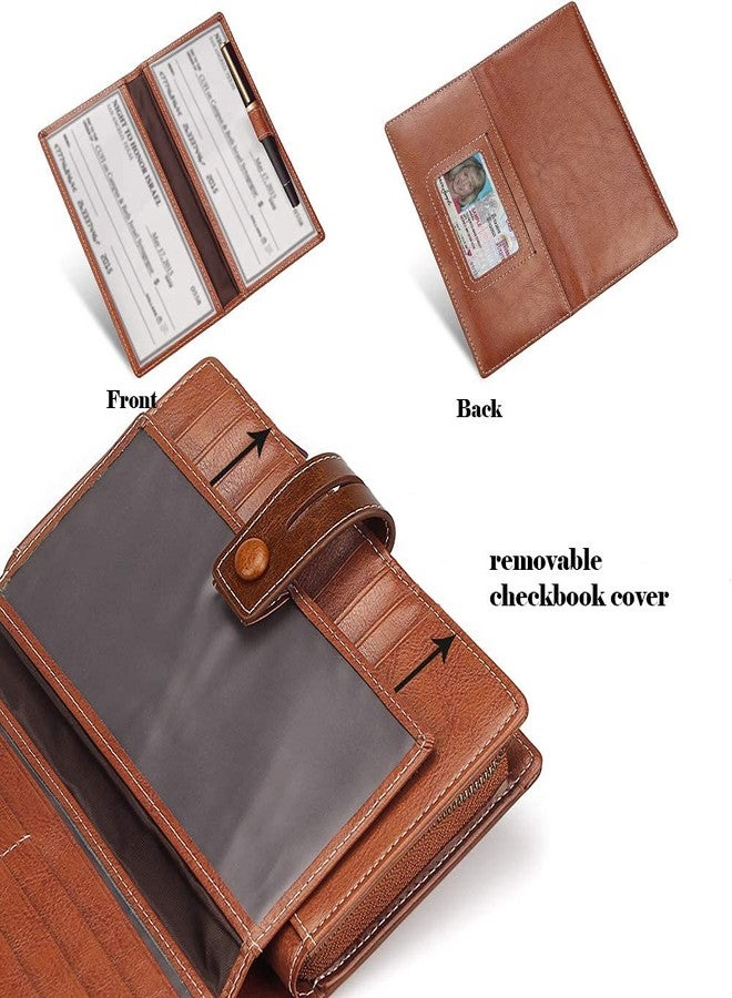 FT FUNTOR Women's Big Fat RFID Blocking Wallet Leather Zip Around Clutch Large Purse Phone Organizer Wristlet brown - Image 4