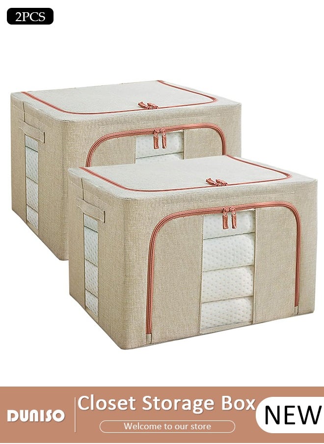 DUNISO - 2 Pack Closet Storage Box with Metal Frame, Stackable Flodable Closet Container Organizer with Lids Handle Double & Zippers, Large Capacity Wardrobe Clothes Storage Box with Clear Window for Blanket, Bedding, Clothes, Comforter - Image 1
