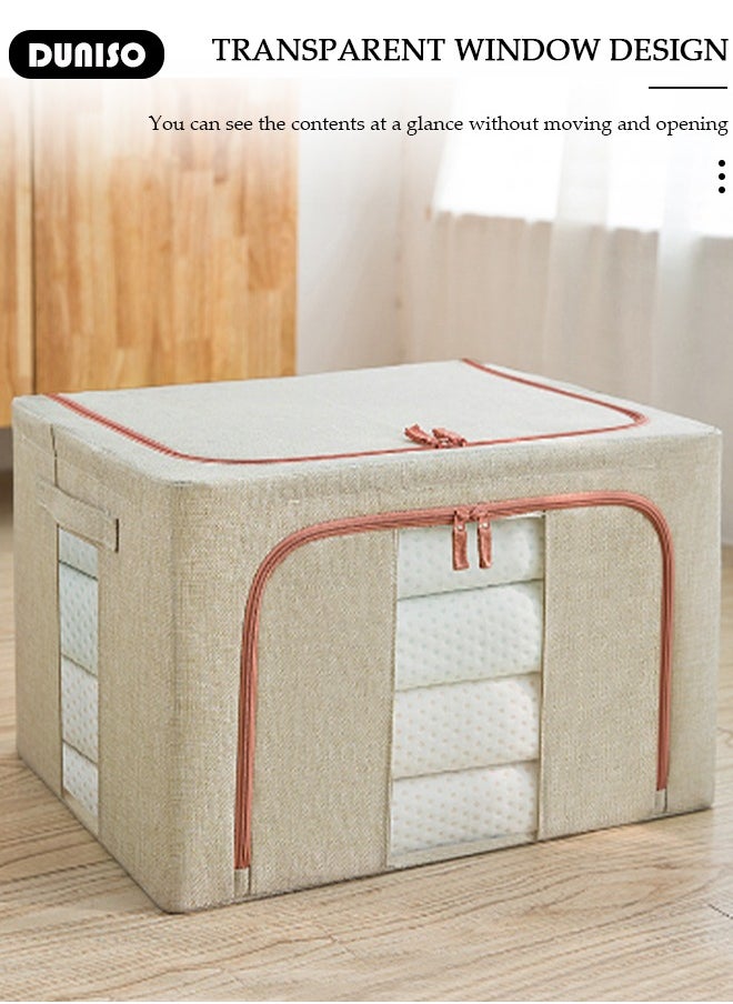 DUNISO - 2 Pack Closet Storage Box with Metal Frame, Stackable Flodable Closet Container Organizer with Lids Handle Double & Zippers, Large Capacity Wardrobe Clothes Storage Box with Clear Window for Blanket, Bedding, Clothes, Comforter - Image 1