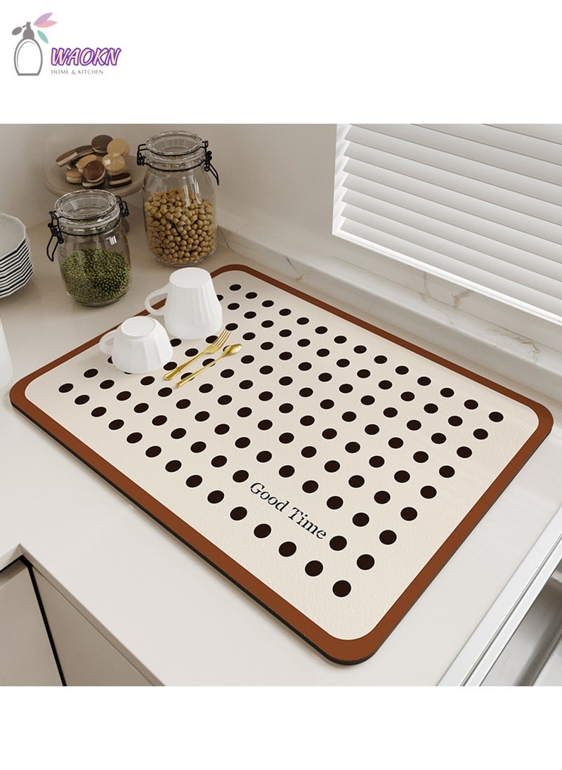 WAOKN 40×50cm Coffee machine mat draining mat Coffee Bar Mat Diatomaceous Earth Non Slip Absorbent Draining Mat Dish Absorbent Drying Mat for Kitchen Counter Sink Drainer Spill Mat Table Top Leave-In Insulation Mat Black Polka Dots  - Image 1