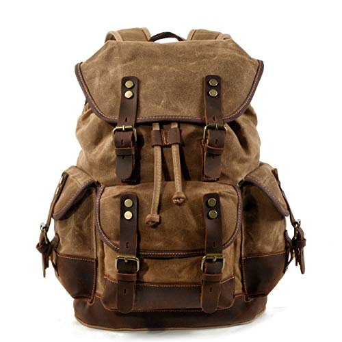 WUDON Men Travel Backpack, Genuine Leather-Waxed Canvas Shoulder Hiking Rucksack (Khaki) - Image 1
