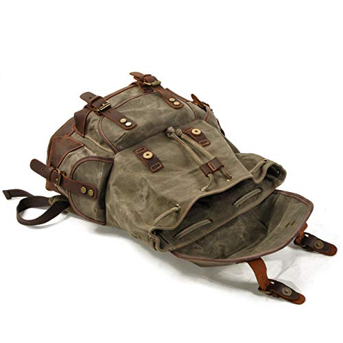 WUDON Men Travel Backpack, Genuine Leather-Waxed Canvas Shoulder Hiking Rucksack (Khaki) - Image 5
