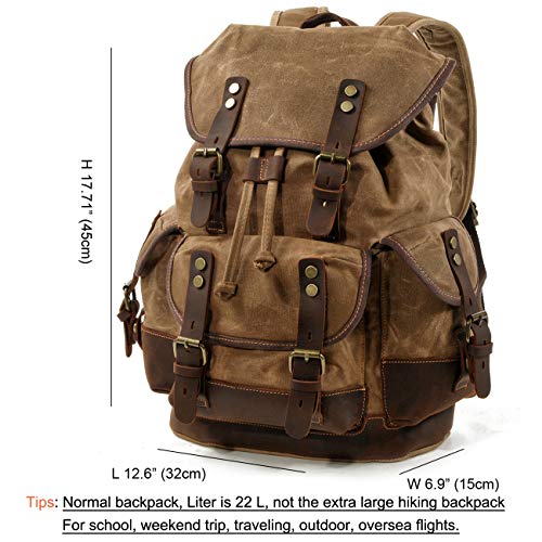 WUDON Men Travel Backpack, Genuine Leather-Waxed Canvas Shoulder Hiking Rucksack (Khaki) - Image 2