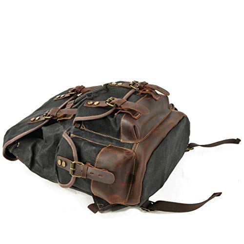 WUDON Men Travel Backpack, Genuine Leather-Waxed Canvas Shoulder Hiking Rucksack (Khaki) - Image 4