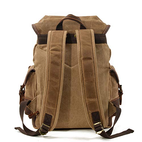 WUDON Men Travel Backpack, Genuine Leather-Waxed Canvas Shoulder Hiking Rucksack (Khaki) - Image 3