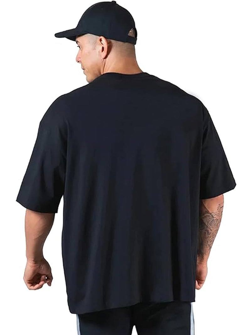 Veirdo®Black Oversized Baggy Fit Drop Shoulder Half Sleeves Round Neck Solid Pure Cotton T-Shirt for Men (OS_100_Black_M) - Image 4