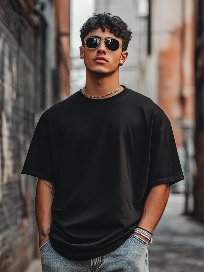 Veirdo®Black Oversized Baggy Fit Drop Shoulder Half Sleeves Round Neck Solid Pure Cotton T-Shirt for Men (OS_100_Black_M) - Image 2