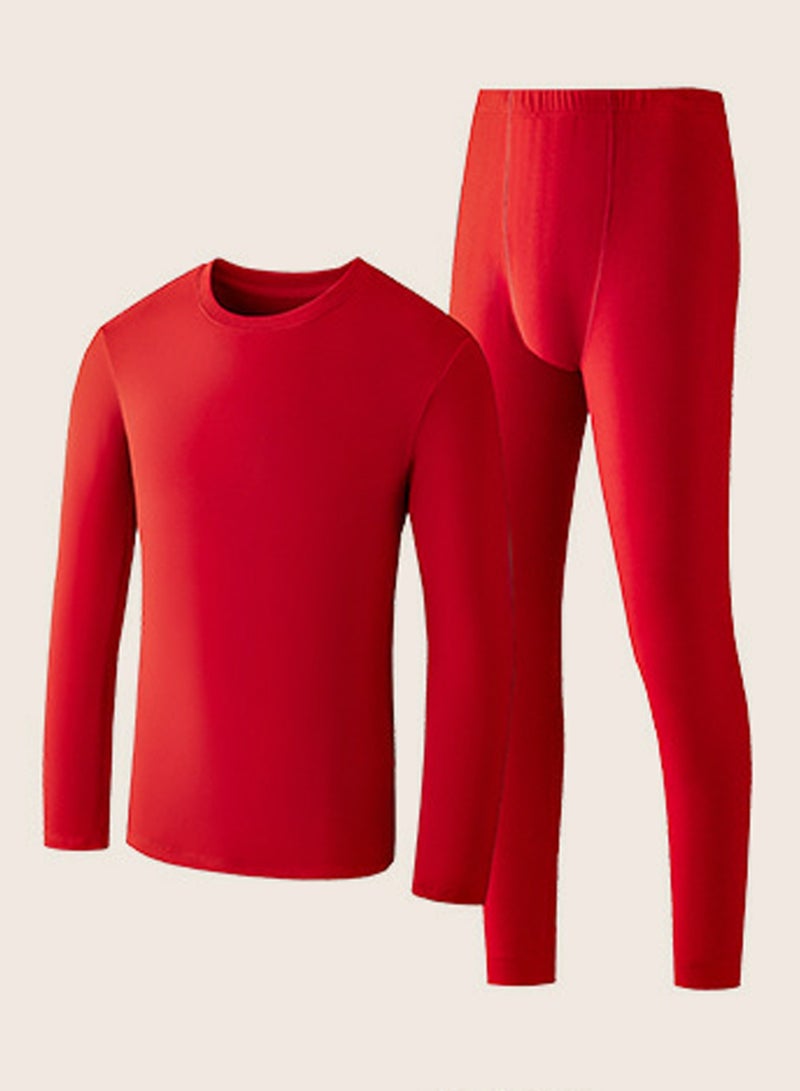 إسكدنيا Mens Solid Color Skin Friendly Thick Long Johns Fleese And Thermal Underwear Set, 2 Piece Cold Weather Base Layer Set for Men Red 