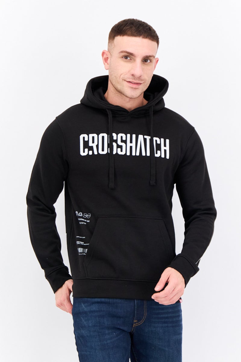 CROSSHATCH سويت شيرت بقلنسوة للرجال بشعار العلامة التجارية بأكمام طويلة، أسود - Image 1