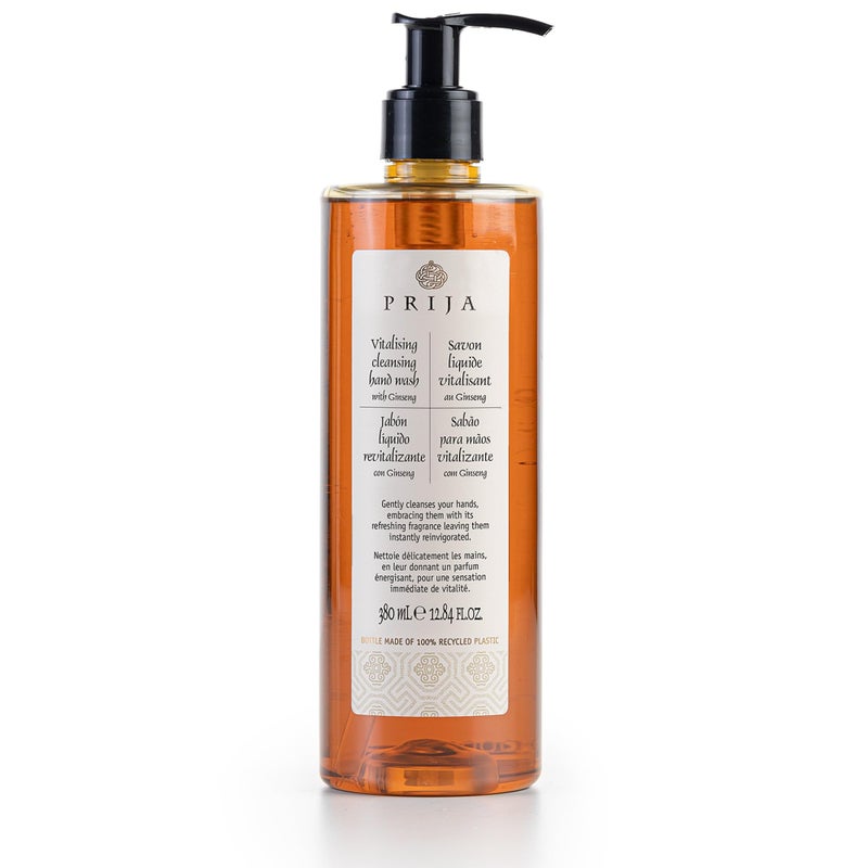 Prija Vitalizing Cleansing Hand Wash with Ginseng (12.84 fl oz) - Invigorating and Revitalizing - Vegan Friendly - Dermatologically Tested - Made with 100% Recycled Bottle - Image 1
