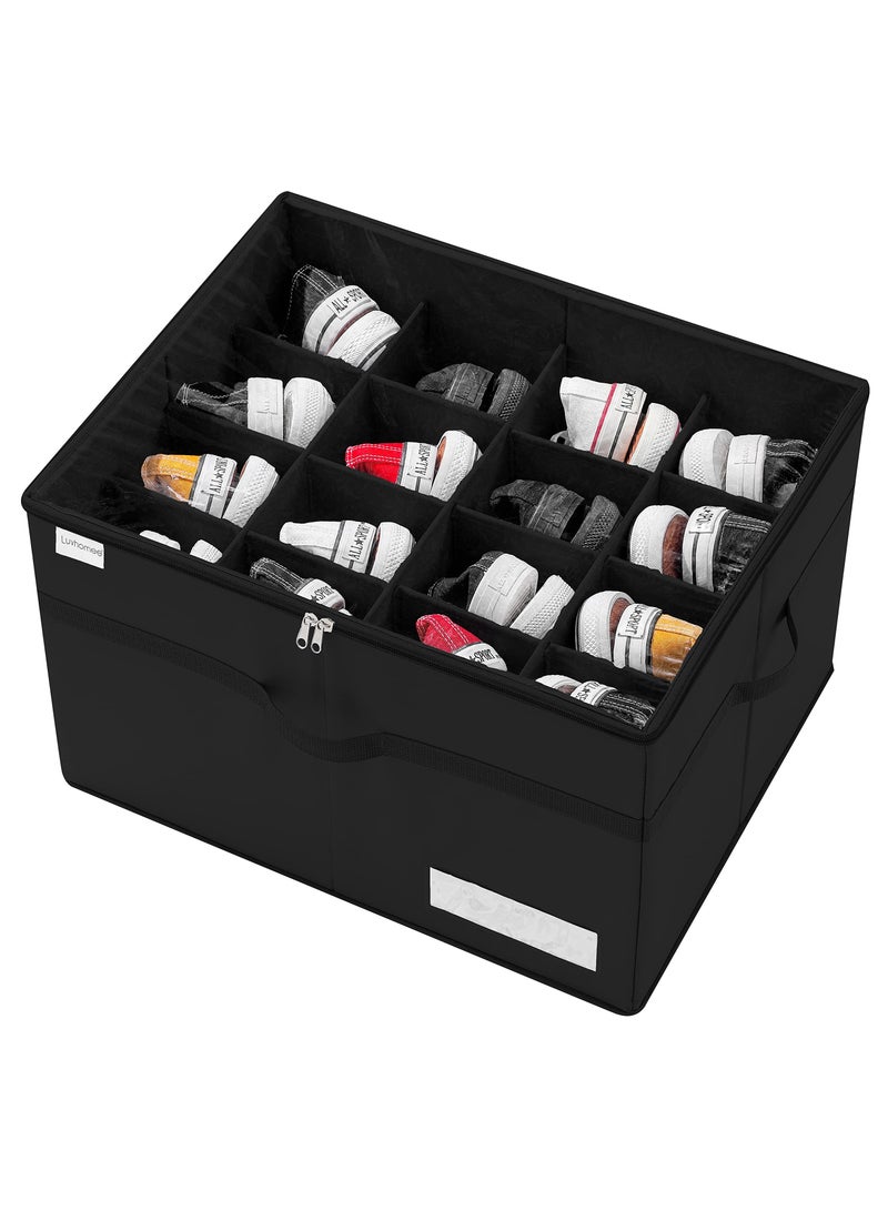 LUVHOMEE Luvhomee Shoe Storage Organizer, Fits 16 Pairs, Large Shoe Organizer Box for Closet, Clear Foldable Shoes Containers w/Bottom Support, Space Saving Shoe Cubby Storage Boxes w/Reinforced Handles, Black 
