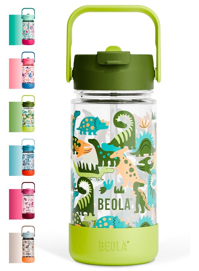 بيولا زجاجة ماء للأطفال BEOLA سعة 500 مل مع غطاء شفاط وواقي سيليكون، مصنوعة من بلاستيك تريتان، خالية من BPA وBPS، مقاومة للتسرب والصدمات، مثالية للمدرسة (Dino Dreams) - Image 1