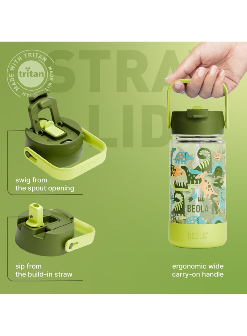 بيولا زجاجة ماء للأطفال BEOLA سعة 500 مل مع غطاء شفاط وواقي سيليكون، مصنوعة من بلاستيك تريتان، خالية من BPA وBPS، مقاومة للتسرب والصدمات، مثالية للمدرسة (Dino Dreams) - Image 3