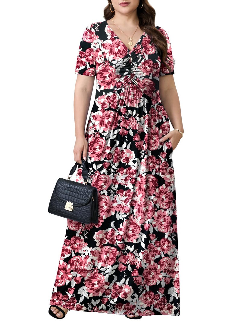 PEVRL Plus Size Maxi Dresses for Women Summer Casual Short Sleeve Long Dress with Pockets Dark Red Flower 3X - Image 2