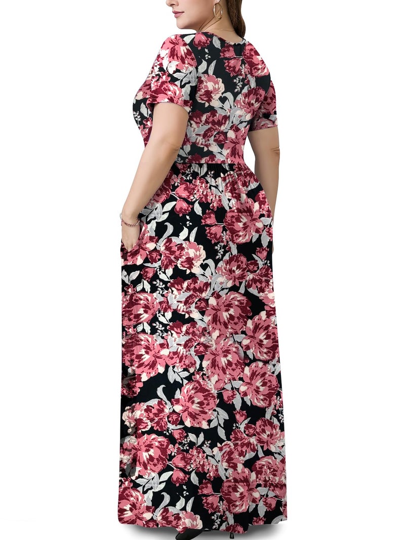 PEVRL Plus Size Maxi Dresses for Women Summer Casual Short Sleeve Long Dress with Pockets Dark Red Flower 3X - Image 3
