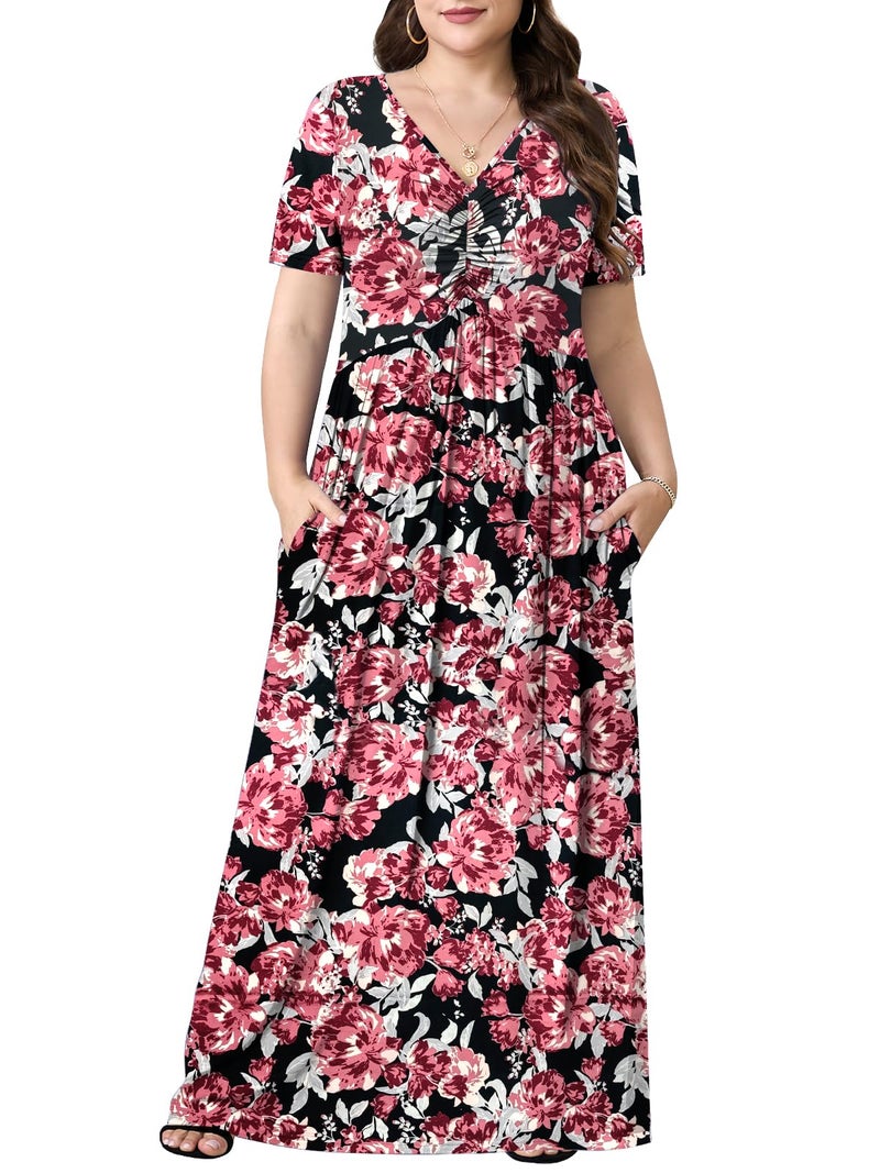 PEVRL Plus Size Maxi Dresses for Women Summer Casual Short Sleeve Long Dress with Pockets Dark Red Flower 3X - Image 1