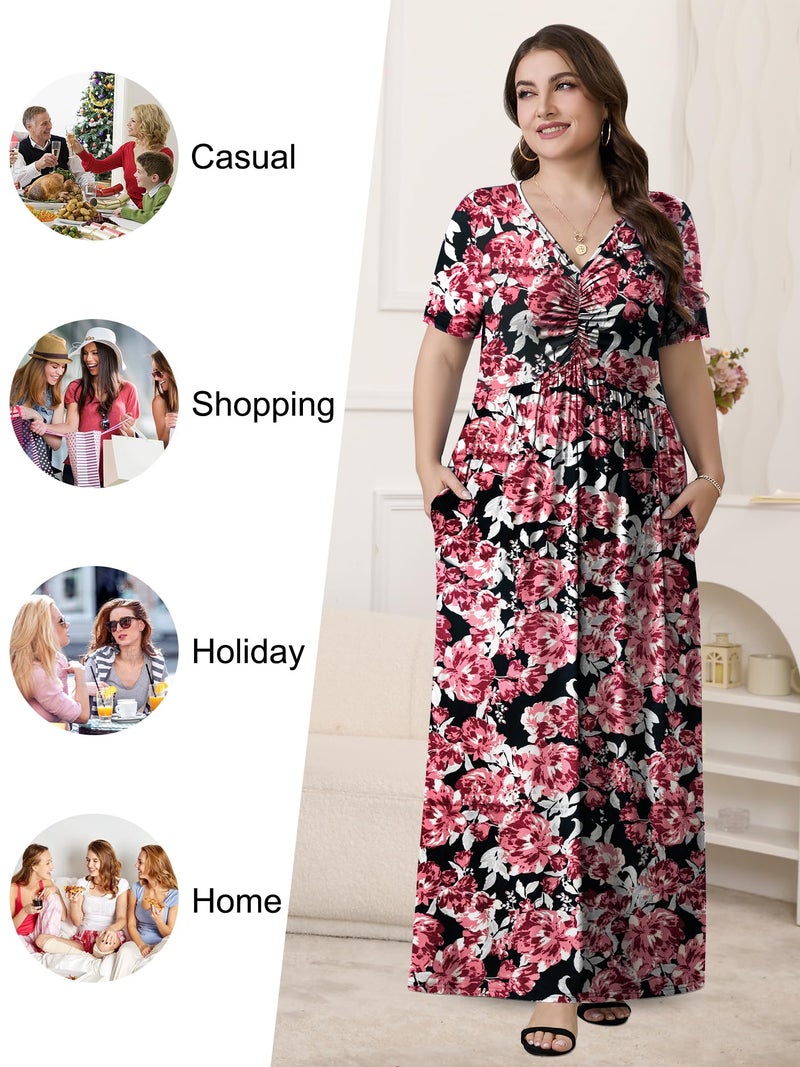 PEVRL Plus Size Maxi Dresses for Women Summer Casual Short Sleeve Long Dress with Pockets Dark Red Flower 3X - Image 4