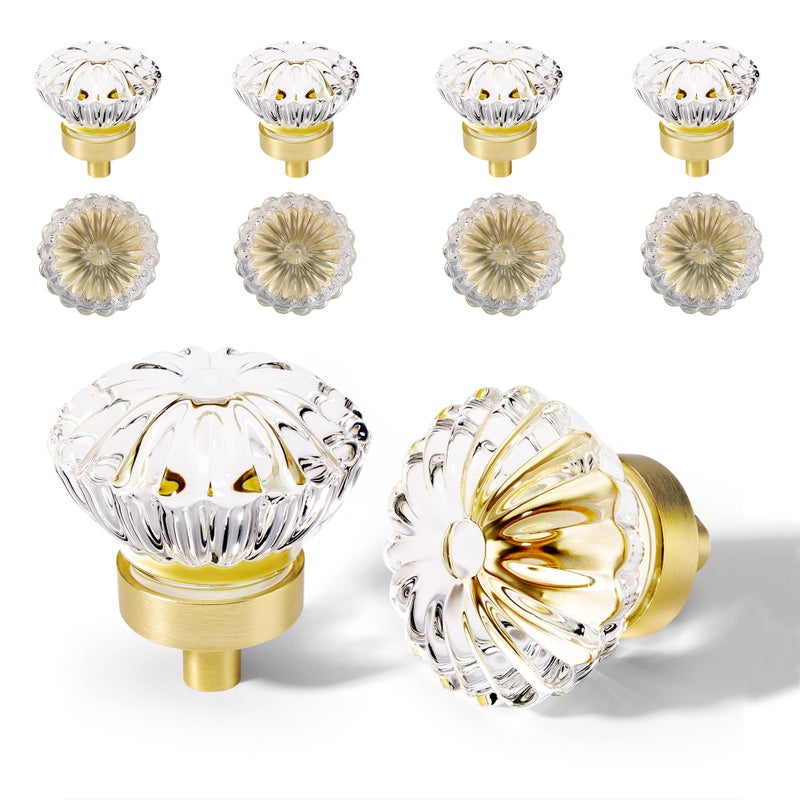 CEYMIO Brushed Gold Crystal Cabinet Knobs Cabinets Knob, 8 Pack Flower Vintage Glass Clear Crystal Small Pull For Closet Dresser Drawers Cupboard Wardrobe, Solid Alloy Retro Pulls Old Fashioned Drawer Handle - Image 1