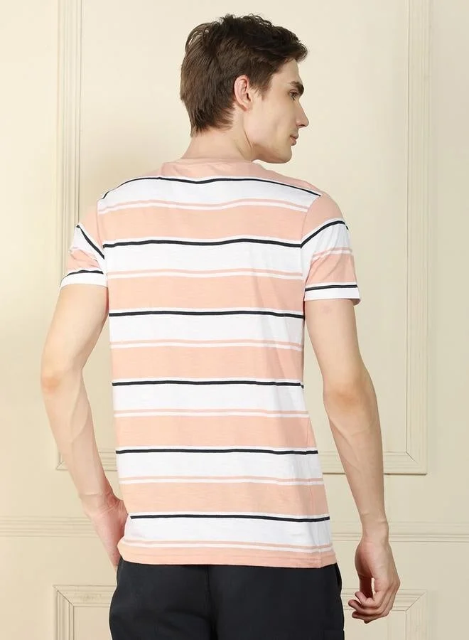 Dennis Lingo Regular Fit Peach Cotton T-Shirt Crew Neck