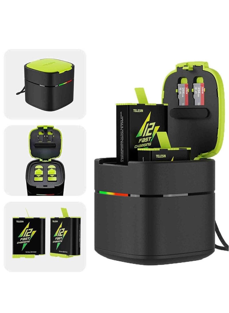 SYOSI Battery Charger for Go Pro Hero 12 11 10 9, USB-C 2A Fast Charging Box Set TF Card Storage, Portable Charger 2-Channel Battery Charging Storage (Black Fast Battery Charger Kit) - Image 1