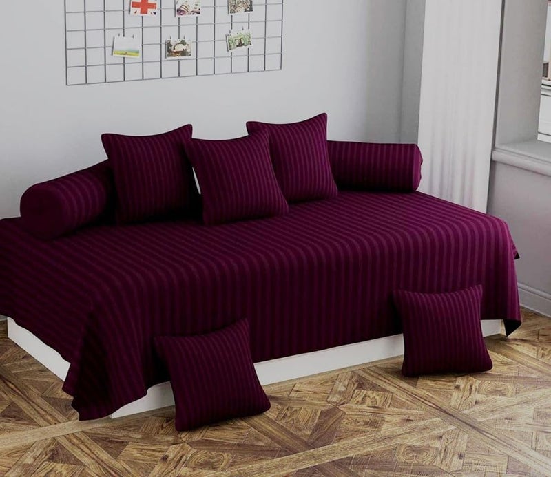 Evan Beautiful Solid Satin Stripe Diwan Set Covers 8 Pieces Stripe Design Standard Diwan Set with 1 Single Bedsheet Size 60X90, 5 Cushions Covers and 2 Bolster Covers (Wine Color) - Image 1
