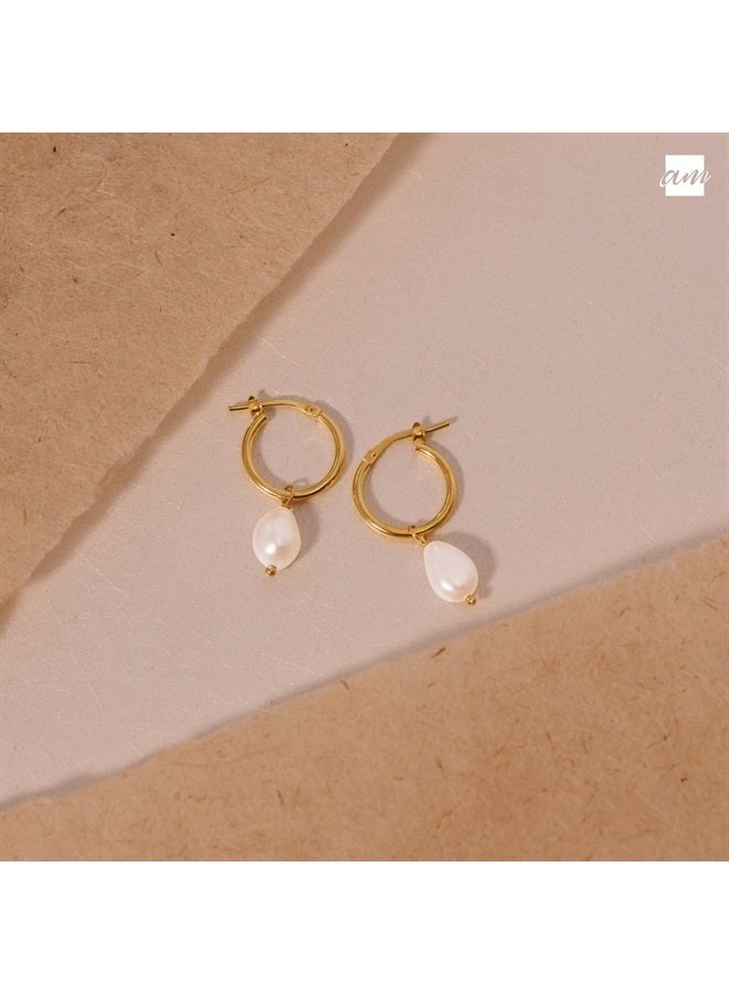 Amberta أقراط لؤلؤة المياه العذبة للنساء من الفضة الإسترليني 925: أقراط حلقة لؤلؤة 12 مم - مطلية بالذهب - Image 1