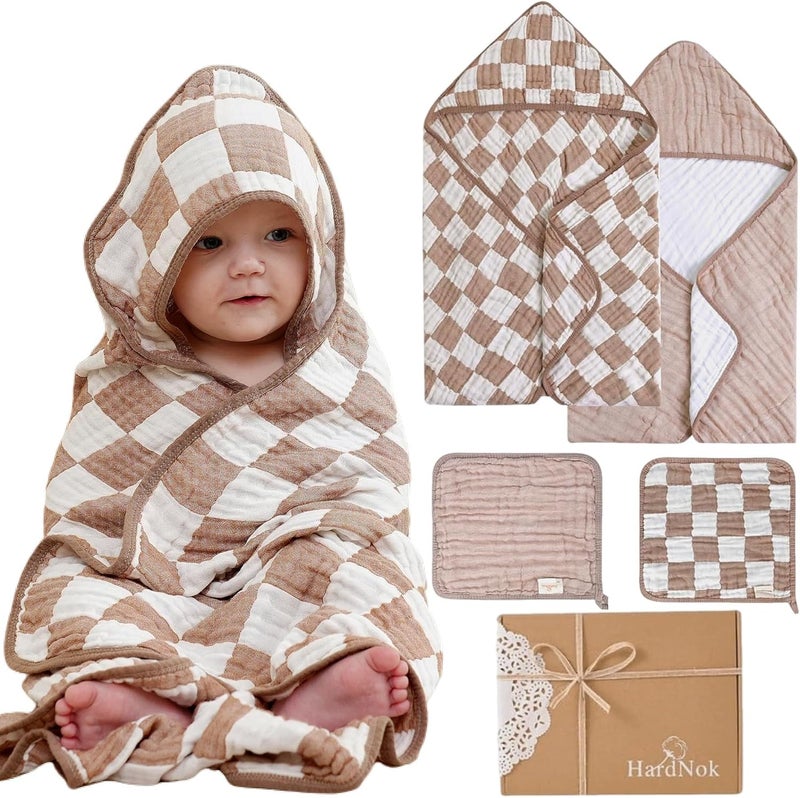 HardNok 4Pc UltraSoft Muslin Baby Towel Set  Bath  Beach Coffee Checkered 32x32 - Image 1