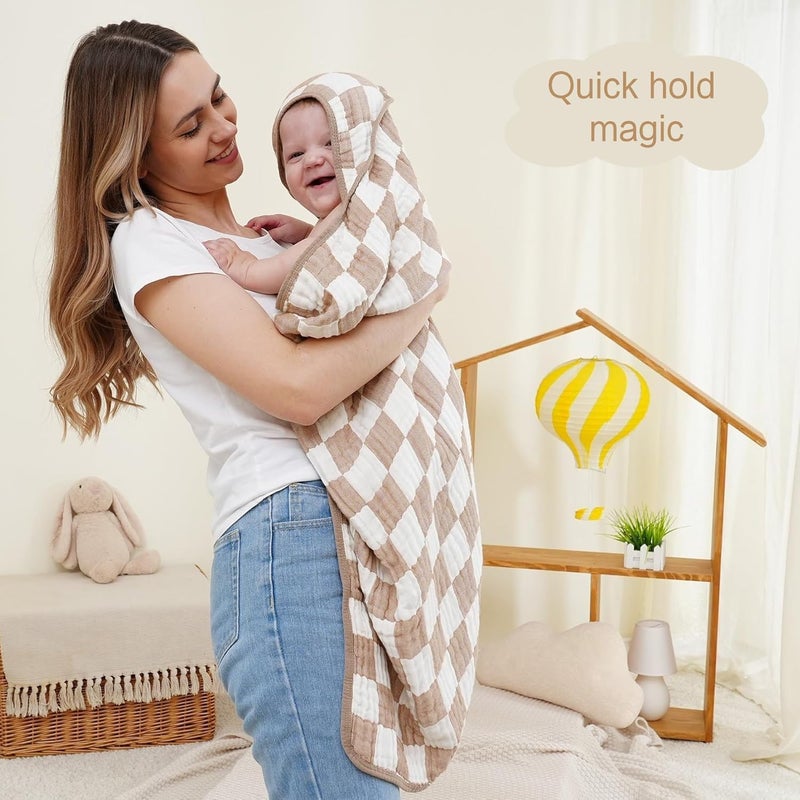 HardNok 4Pc UltraSoft Muslin Baby Towel Set  Bath  Beach Coffee Checkered 32x32 - Image 3