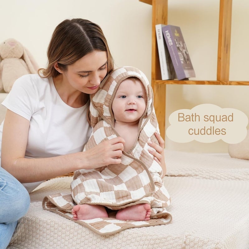 HardNok 4Pc UltraSoft Muslin Baby Towel Set  Bath  Beach Coffee Checkered 32x32 - Image 2