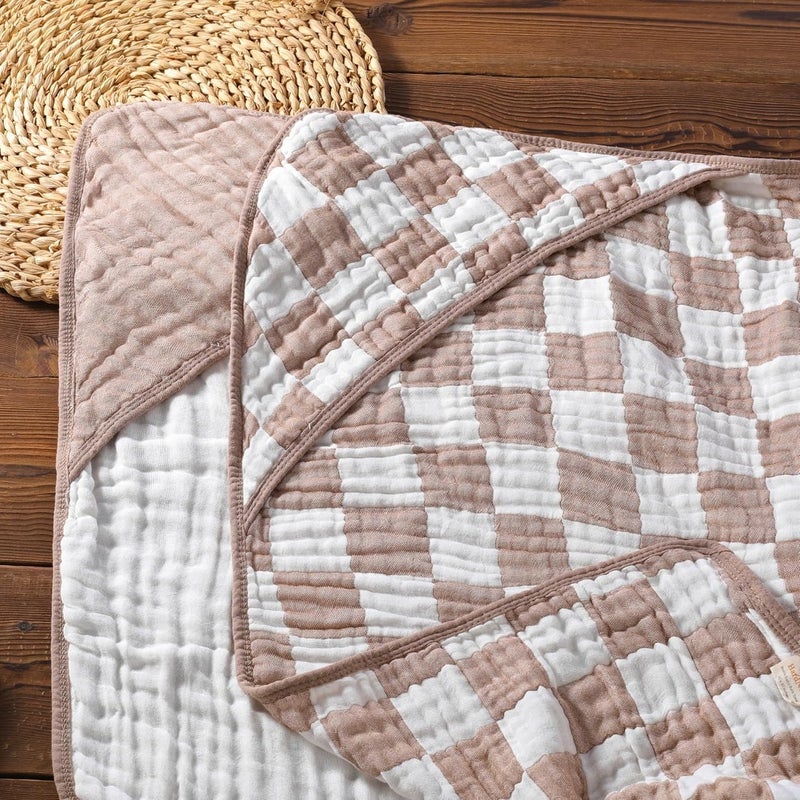 HardNok 4Pc UltraSoft Muslin Baby Towel Set  Bath  Beach Coffee Checkered 32x32 - Image 5