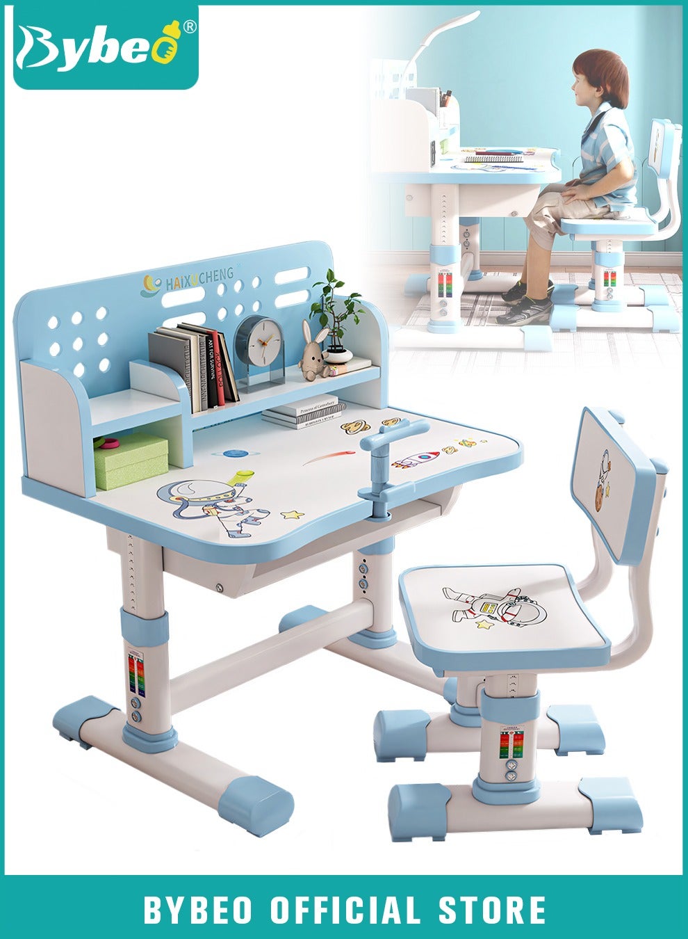 Enlarged Kids Table and Chair Set, Kids Study Table, Multifunctional Children's Reading Study Activity Desk, Ergonomic Toddler Chairs, with Storage Drawer, Bookcase, Double Shelves, for School Student Writing Studying