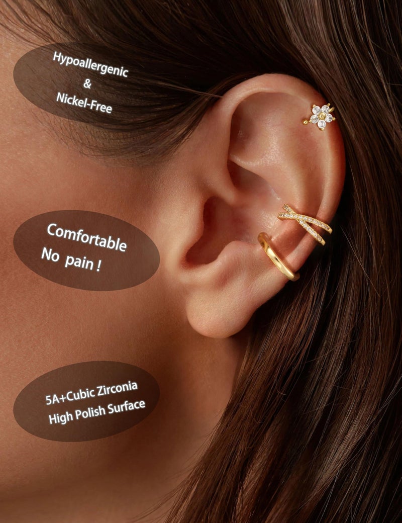 Carffordo 3Pcs Ear Cuffs Non Piercing for Women - Trendy 14K Gold Plated Cuffs Earrings with Cubic Zirconia - Dainty Clip On Cartilage Earring Flower Jewelry - Image 3