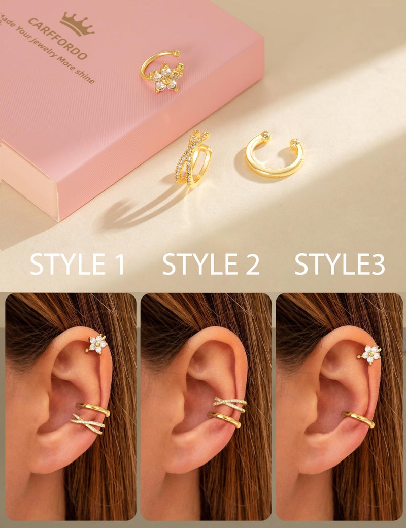 Carffordo 3Pcs Ear Cuffs Non Piercing for Women - Trendy 14K Gold Plated Cuffs Earrings with Cubic Zirconia - Dainty Clip On Cartilage Earring Flower Jewelry - Image 4